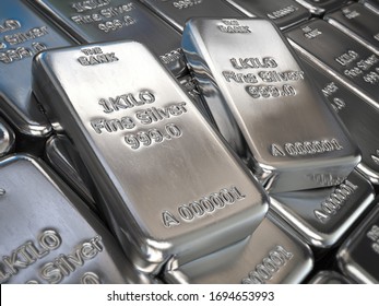 Silver Bars Or Ingots Background. Precious Metal. 3d Illustration 