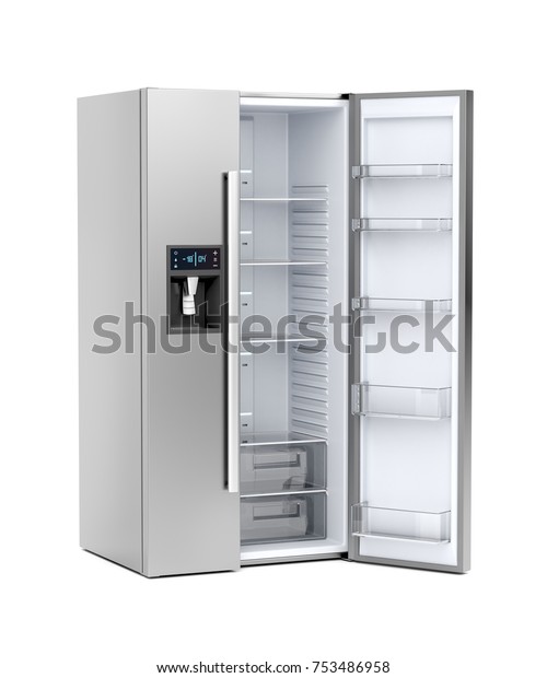 白い背景に銀色の大きな冷蔵庫とドア 3dイラスト のイラスト素材 753486958