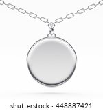 Silver blank round medallion or medal on a chain isolated on white background. 3D illustration