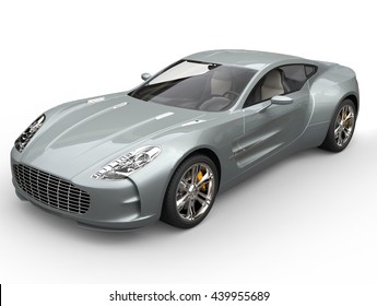 Silver Blue Sports Car - Closeup Shot - Isolated On White Background - 3D Illustration