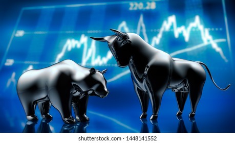 Silver Bull And Bear In Front Of Stock Market Graphics - 3D Illustration