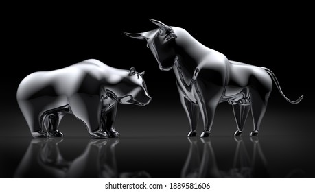 Silver Bull And Bear On A Black Glossy Backdrop - 3D Illustration