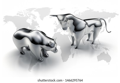 Silver Bull And Bear On A White Backdrop With A World Map