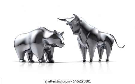 Silver Bull And Bear On A White Backdrop