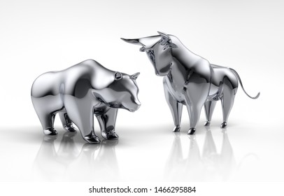 Silver Bull And Bear On A White Backdrop