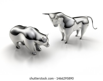 Silver Bull And Bear On A White Backdrop