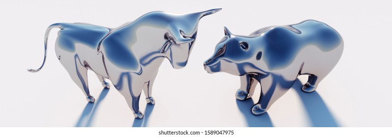 Silver Bull And Bear On A White Backdrop - 3D Illustration