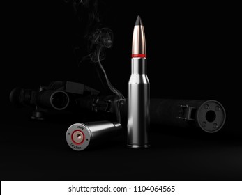 Silver bullets with smoke and gun on black background, 3d Illustration