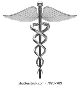 Silver caduceus medical symbol isolated on a white background.