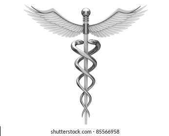 Silver caduceus medical symbol isolated on a white background