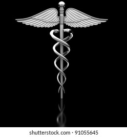 Silver Caduceus Medical Symbol On Black Stock Illustration 91055645