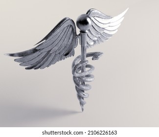 A silver caduceus symbol with wings and snakes on an isolated studio background - 3D render