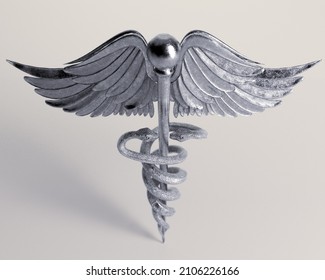A silver caduceus symbol with wings and snakes on an isolated studio background - 3D render