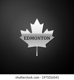 Silver Canadian Maple Leaf With City Name Edmonton Icon Isolated On Black Background. Long Shadow Style.