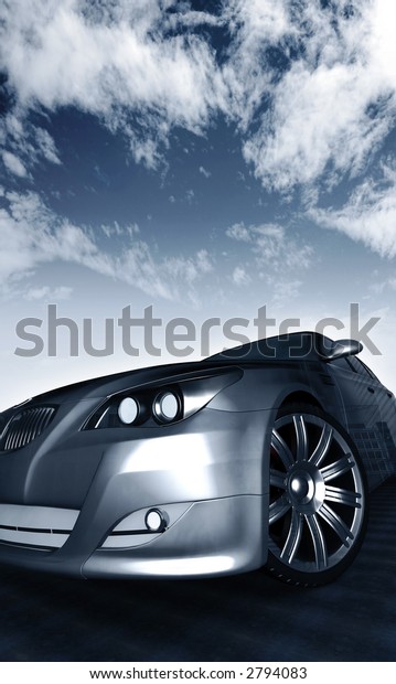 silver car illustration with sky in the background -\
car is made in 3d