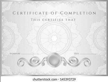 Silver Certificate of completion (template or sample background) with guilloche pattern (watermarks), borders. Design for diploma, invitation, gift voucher, official, awards (winner). Vector available - Powered by Shutterstock