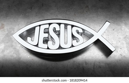 Silver Christ Fish Sign. 3D Rendering