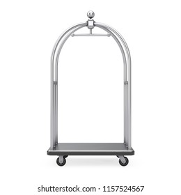 Silver Chrome Luxury Hotel Luggage Trolley Cart On A White Background. 3d Rendering