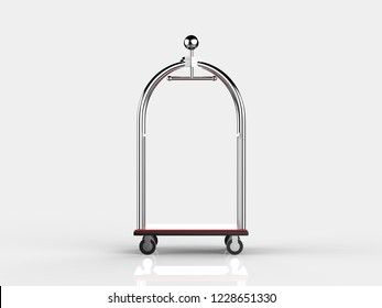 Silver Chrome Luxury Hotel Luggage Trolley Cart On A White Background, 3d Illustration.  