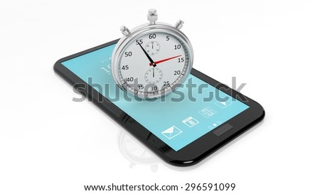 Silver chronometer on tablet screen, isolated on white
