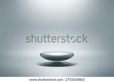Silver circle floating on ripple or wave with gray backdrop luxury elegant stand display platform product cosmetics beauty product or skincare female advertisement premium high-end. 3D Illustration.