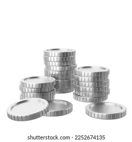 Silver coin. Coins stack. 3D illustration.