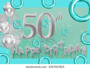 Silver coloured 50th happy birthday design on light green colour background, silver glittered birthday balloon decoration.  - Powered by Shutterstock