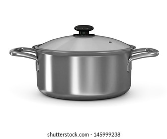 Silver Cooking Pot From Low Perspective Isolated On White. 3d