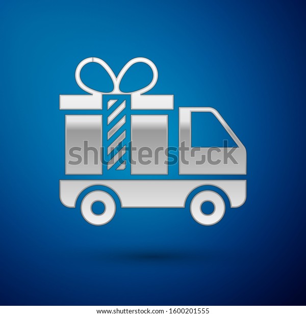 Silver Delivery truck with gift icon isolated on blue\
background.  