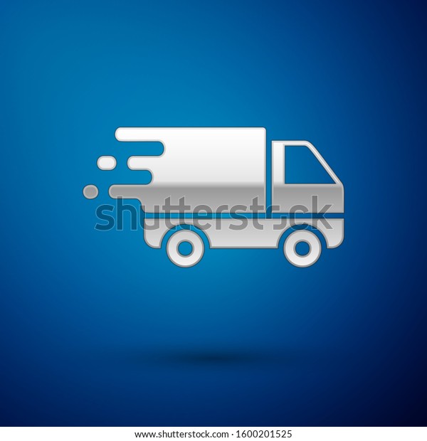 Silver Delivery truck in\
movement icon isolated on blue background. Fast shipping delivery\
truck.  