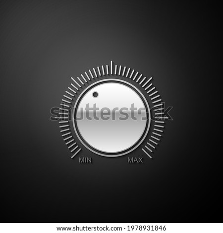 Silver Dial knob level technology settings icon isolated on black background. Volume button, sound control, music knob with scale, analog regulator. Long shadow style.