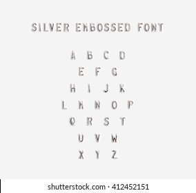 Silver Embossed Alphabet Isolated, 3d Illustration. Argent Typing Font Design. Beveled Symbols Embossing On Plastic Card. Hammering Chamfer Type Letters Text. Grunge Metallic Lettering Emboss Fount