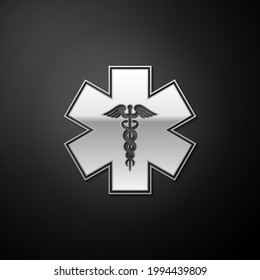 Silver Emergency star - medical symbol Caduceus snake with stick icon isolated on black background. Star of Life. Long shadow style.