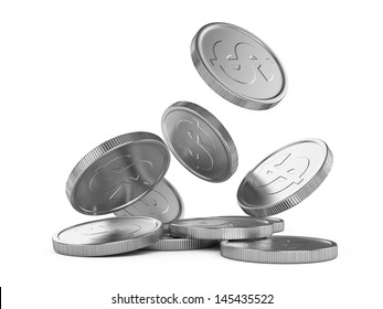 Silver Falling Coins Isolated On White Background