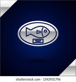 Silver Fish Trophy Hanging On The Board Icon Isolated On Dark Blue Background. Fishing Trophy On Wall.  