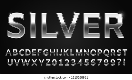 Silver Font Style. Metallic Alphabet, Numbers, Question And Exclamation Marks. Shinning Latin Letter Isolated On Dark Background, English Abc With Glowing Effect  Illustration