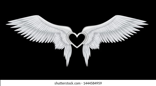 Silver Heart On White Realistic Angel Wings