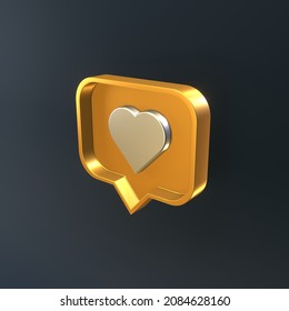 Silver Heart Symbol In A Rectangular Gold Pin. Social Media Notification. 3d Rendering