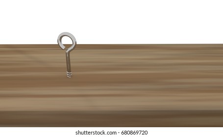 Silver hook screw or eye screw on pinewood. 3D Rendering.