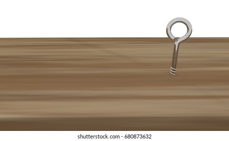 Silver hook screw or eye screw on pinewood. 3D Rendering.