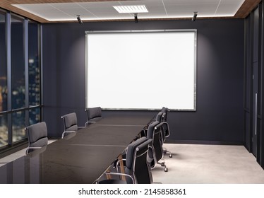 Silver Horizontal Frame Mockup Hanging In Dark Office Meeting Room. Mock Up Of Billboard In Modern Company Interior 3D Rendering