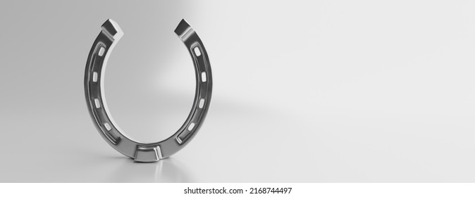 Silver Horseshoe Isolated On White Empty Background. Shiny Metal Horse Shoe With Hole, Talisman, Fortune. Copy Space, Banner. 3d Illustration