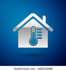 Silver House Temperature Icon Isolated On Blue Background. Thermometer Icon. 