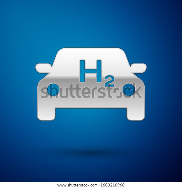 Silver Hydrogen car icon isolated on blue background. H2\
station sign. Hydrogen fuel cell car eco environment friendly zero\
emission. 
