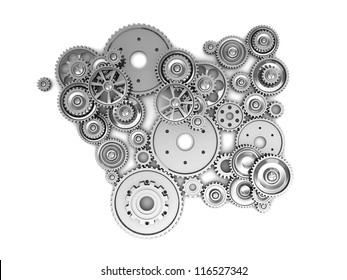 Silver industrial gears over white background