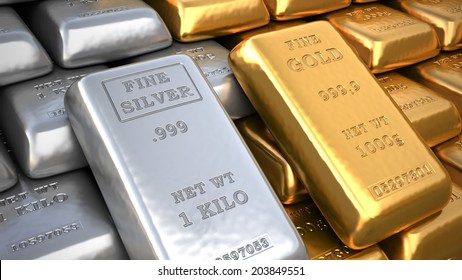 Silver Ingot And  Gold Bullion. Finance Illustration