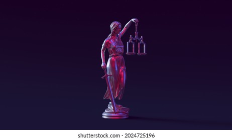 Silver Lady Justice Statue Antique Impartiality Judicial System Balance Blindfold Judge Pink Blue Right 3d Illustration Render