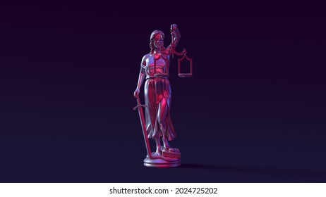 Silver Lady Justice Statue Antique Impartiality Judicial System Balance Blindfold Judge Pink Blue Right 3d Illustration Render