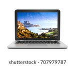 Silver Laptop Computer with Screen Showing Kos Greek Island Landscape on White Background 3D Illustration, Front View