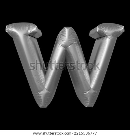 Silver letter w in 3d render isolated on black background with balloon style. Alphabet letters with 3d illustration.